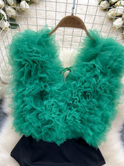 Green ruffled V-neck bodysuit with lace bow detail