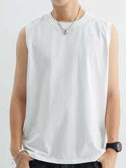 Men's white cotton tank top with crew neck and sleeveless cut