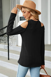 Black textured cable knit cold shoulder long sleeve top