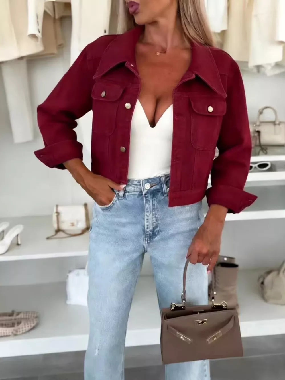 Full Size Chic Cropped Denim Jacket in Light Blue, front view
