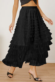 Black tiered tulle maxi skirt with a full, flowing silhouette.