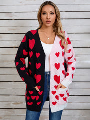 Heartbeat split-panel open cardigan in black and pink with red heart pattern, acrylic blend, pockets