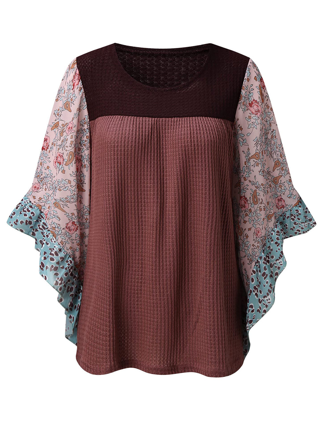 Textured panel blouse with flutter sleeves in mauve and floral print.