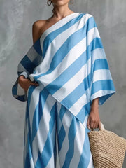 Asymmetrical Striped Top And Wide-leg Pants Set