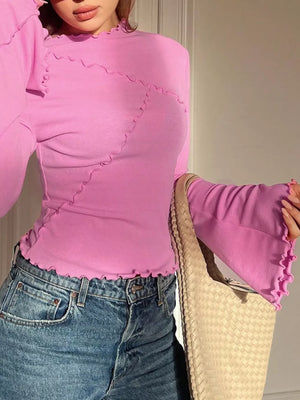 Pink lettuce edge flare sleeve t-shirt with seam details and lettuce edge hem