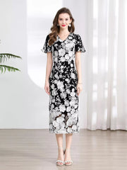 Embroidered Floral Puff Sleeve Midi Dress