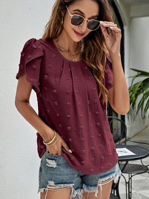 Wine textured puff sleeve dot blouse with a round neckline and pleated front.