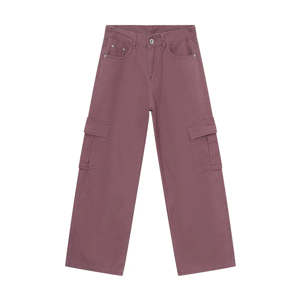 Oversized cargo denim trousers in Moonlit Mauve with multiple pockets.