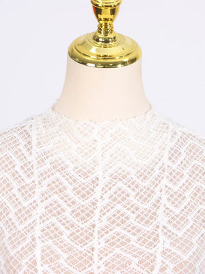 White lace maxi dress with mock neck and chevron pattern detail