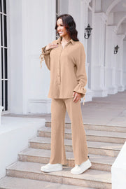 Textured tie-sleeve co-ord set in Tan, featuring a button-up shirt and wide-leg pants.