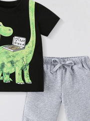 Black cotton dinosaur pizza tee and grey shorts set for baby boys.