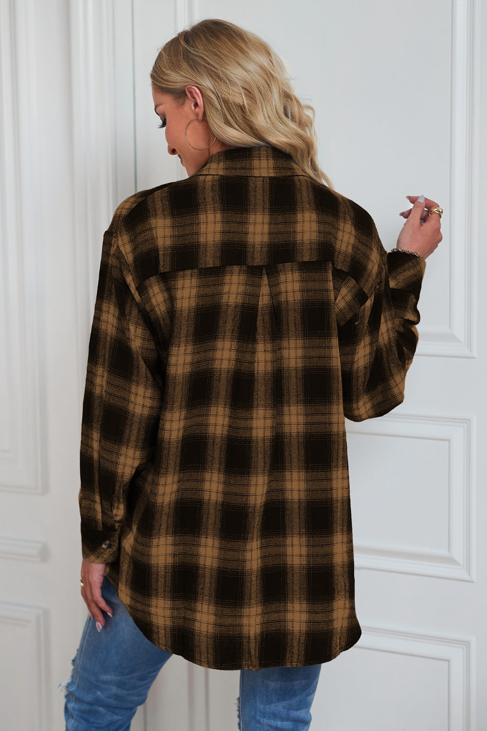 Dreamer Plaid Drop-Shoulder Jacket in Caramel with buttoned cuffs.
