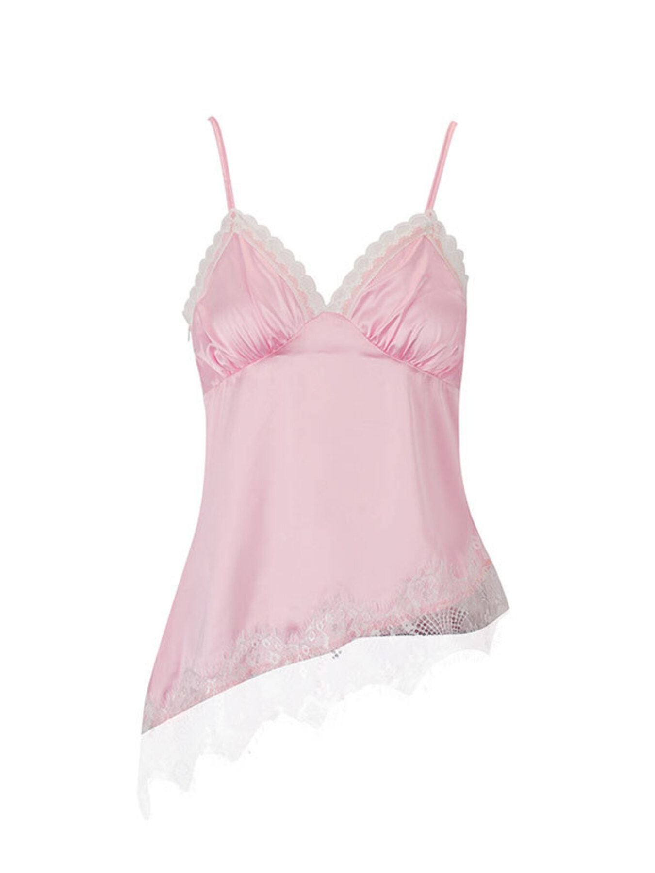 Pink satin camisole with lace trim and asymmetrical hem