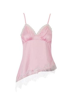 Pink satin camisole with lace trim and asymmetrical hem