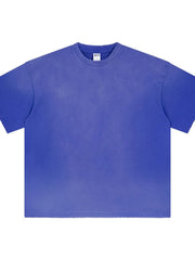 Oversized washed cotton crewneck tee in plum purple with distressed neckline.