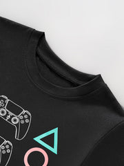 Black toddler t-shirt with white gaming controller graphic and colorful shapes.