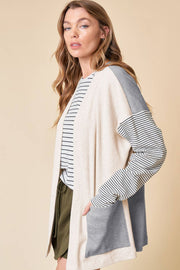 Colorblock stripe sleeve cardigan in light gray with a casual, chic style.