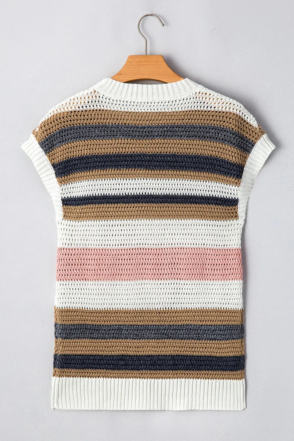 Open knit boxy tee with horizontal stripes in white, dusty pink, tan, and navy.