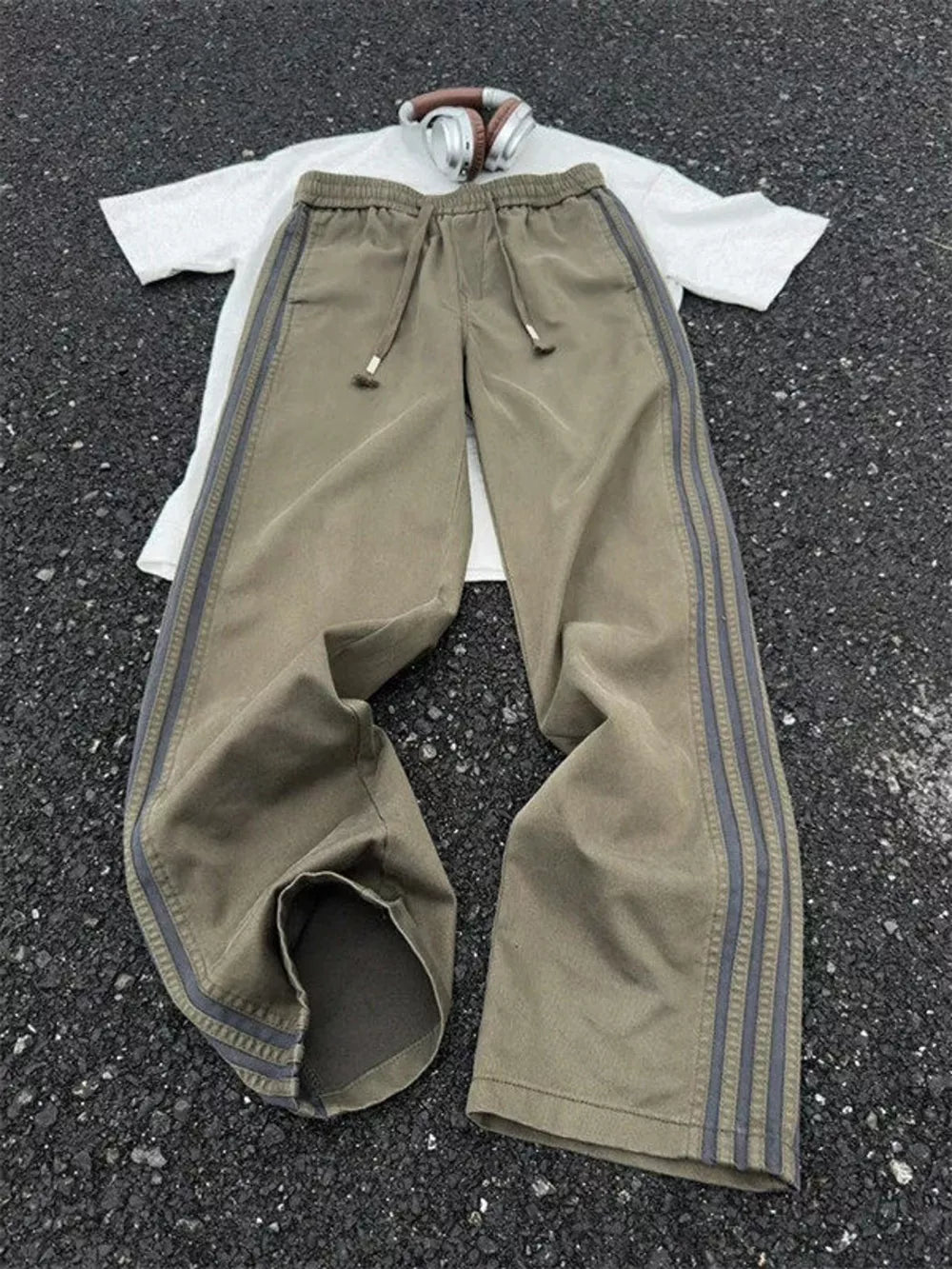 Men's Plus Size Casual Striped Wide-leg Pants in Black, front view