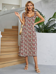 Leopard print midi dress in deep red with ruffle straps and a sweetheart neckline.