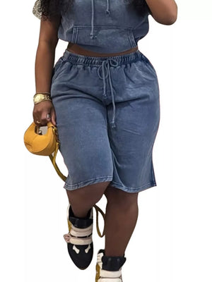 Blue cotton hooded two-piece set with drawstring shorts and cropped hoodie.