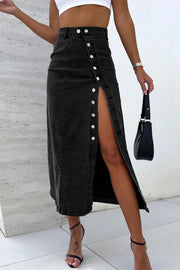 Black denim midi skirt with button front and high slit