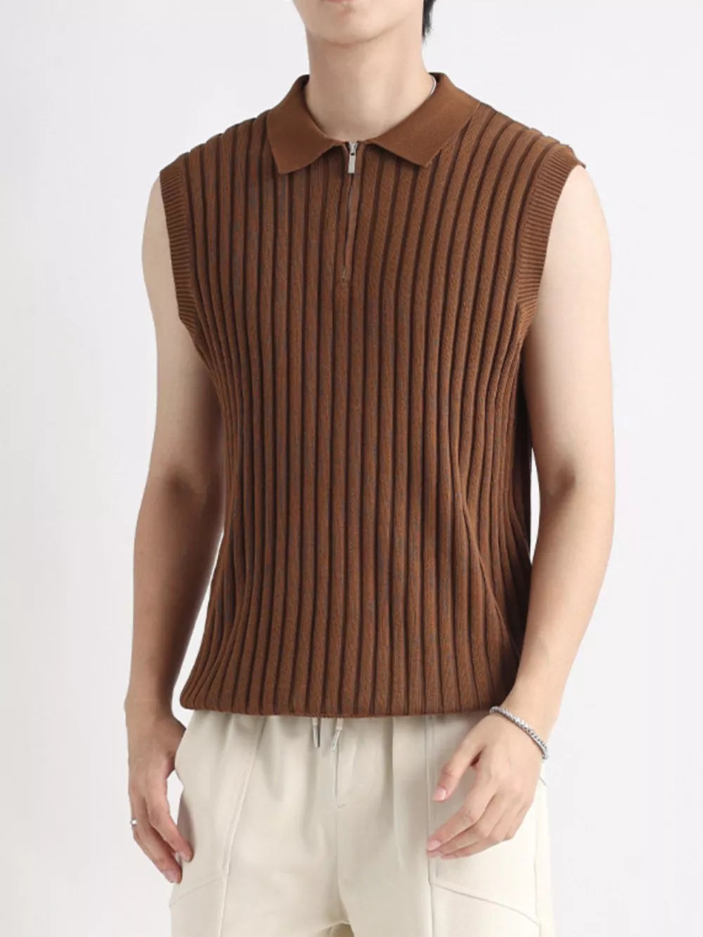 Brown ribbed knit zip-up polo tank top for men.