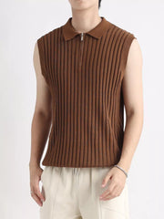 Brown ribbed knit zip-up polo tank top for men.