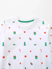 White crew neck sweatshirt with Christmas print featuring trees, gifts, and reindeer.