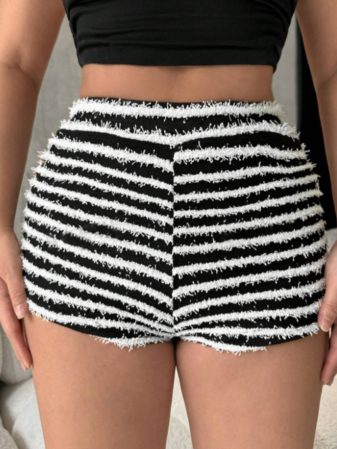 Textured stripe bouclé shorts in black and white with frayed hem