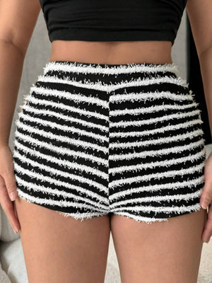 Textured stripe bouclé shorts in black and white with frayed hem