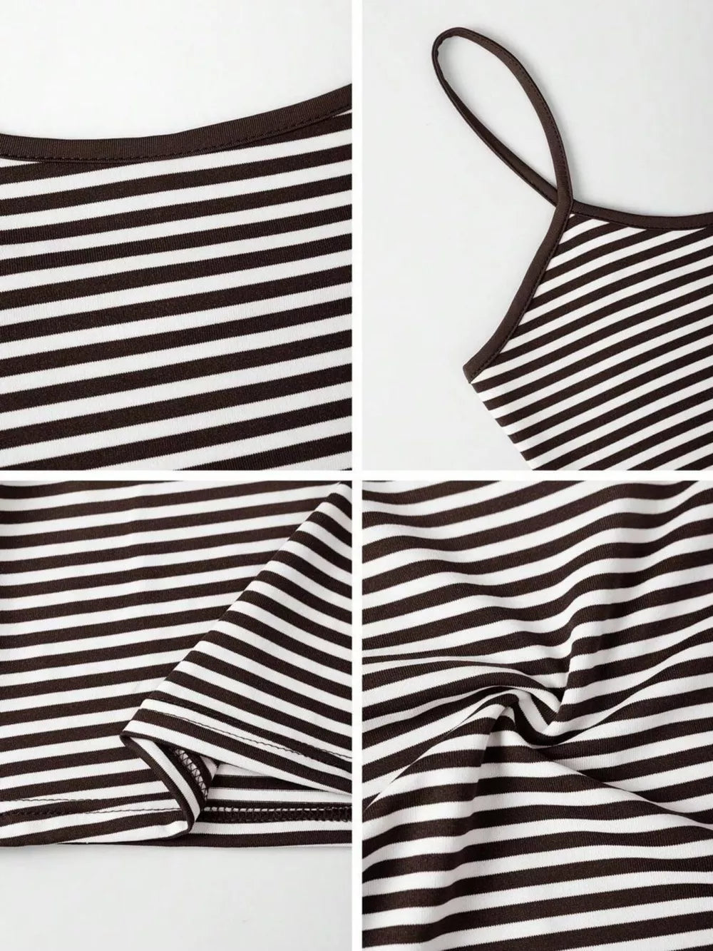 Brown and white striped cami top with dark brown trim and thin straps.