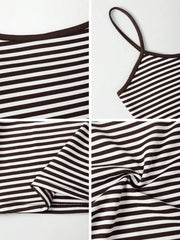 Brown and white striped cami top with dark brown trim and thin straps.