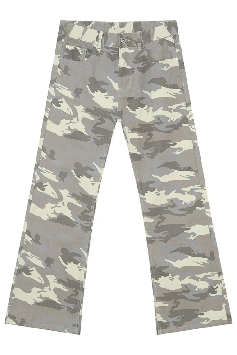 Camo flare jeans in gray with utility pockets and a relaxed fit.
