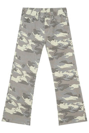 Camo flare jeans in gray with utility pockets and a relaxed fit.