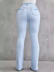 Light blue high-waisted flare jeans with button closure and pocket details.