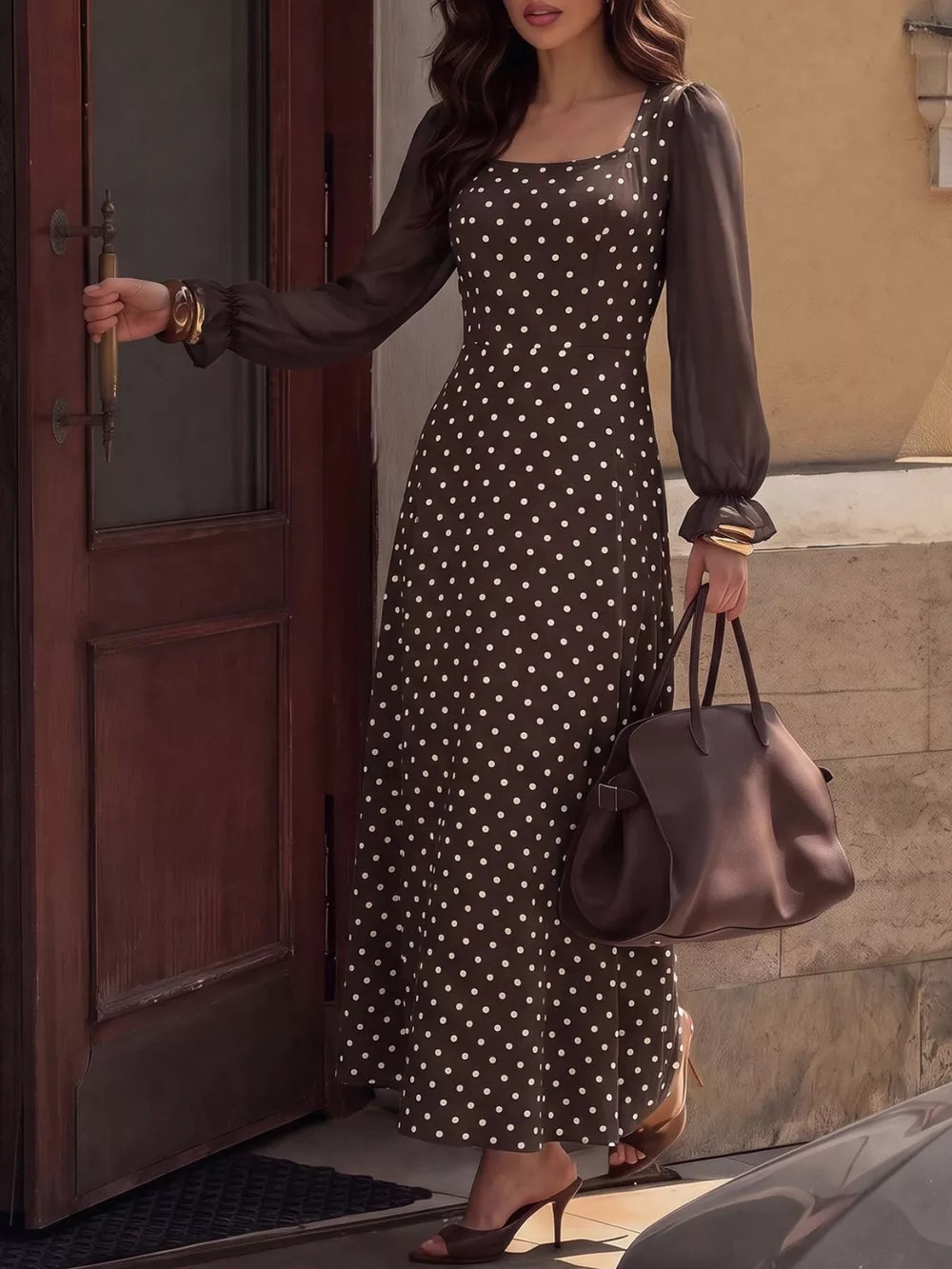 Polka Dot Square Neck Long Sleeve Maxi Dress in Brown, front view