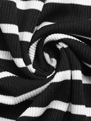 Black and white striped midi dress with side slit, ribbed knit fabric detail