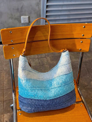 Straw Woven Shoulder Bag in Blue, front view