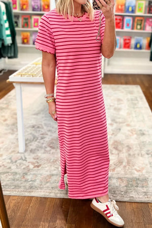 Pink striped maxi tee dress with scalloped trim and short sleeves.