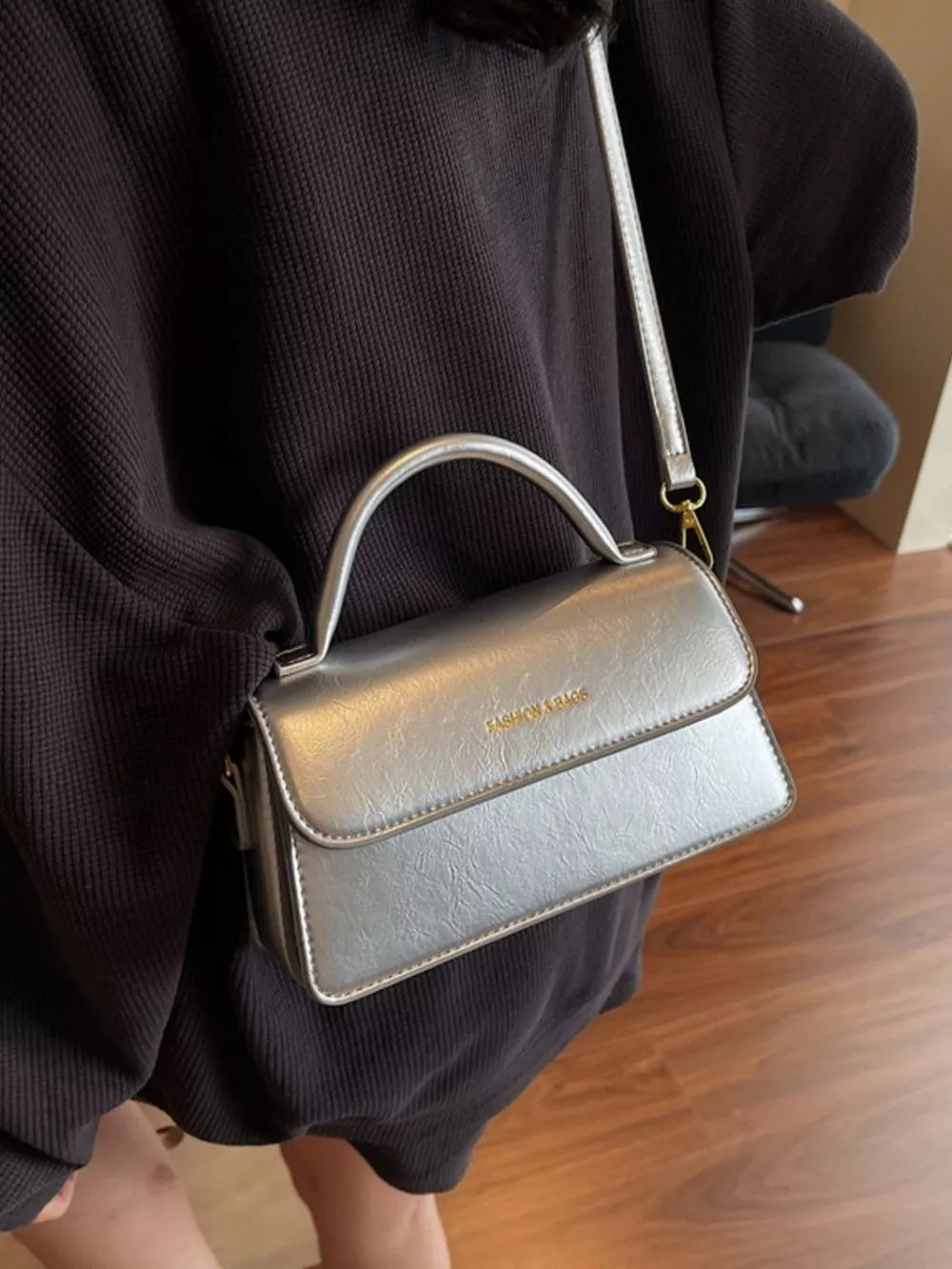 Top Handle Flap Mini Crossbody Bag in Silver, front view