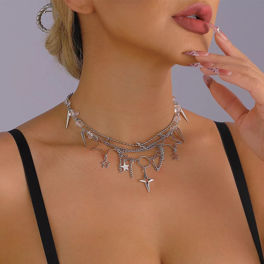 Titanium Steel Gothic Star Cross Choker Necklace in Silver, close-up detail