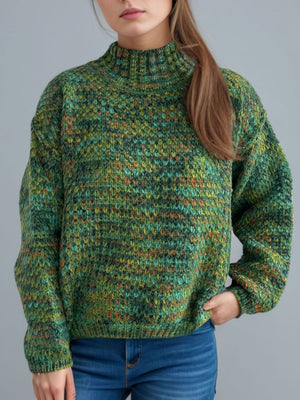 Dark Green textured mélange mock neck acrylic sweater with a relaxed fit.