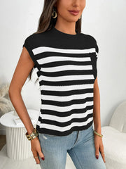 Striped knit pocket tee in black and white, with a crew neck and cap sleeves.