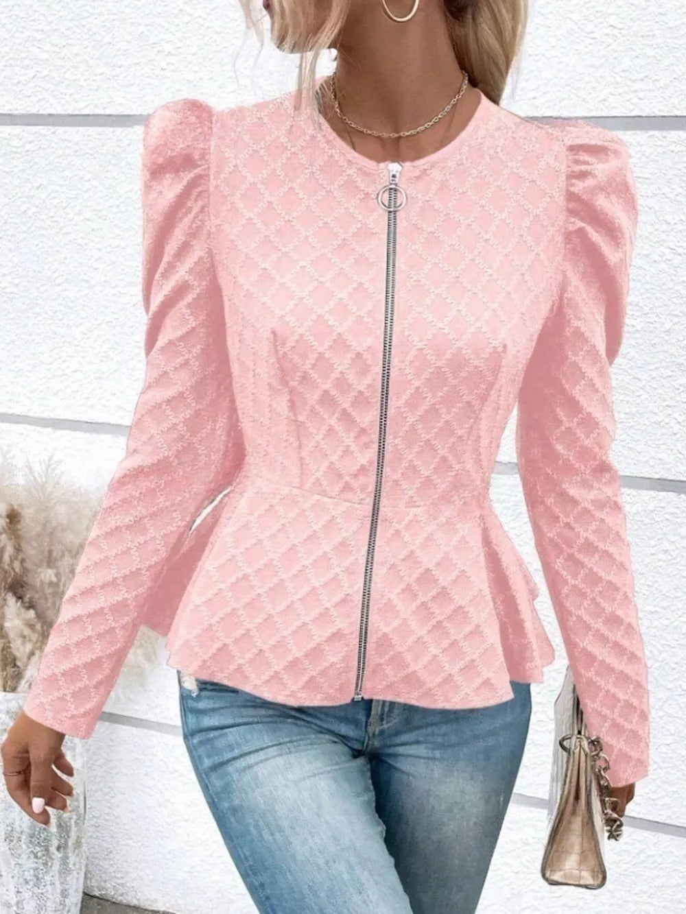 Puff Sleeve Textured Jacquard Jacket in Pink, fit detail