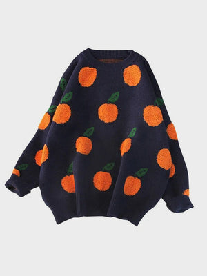 Navy acrylic sweater with orange orchard pattern and crew neck.