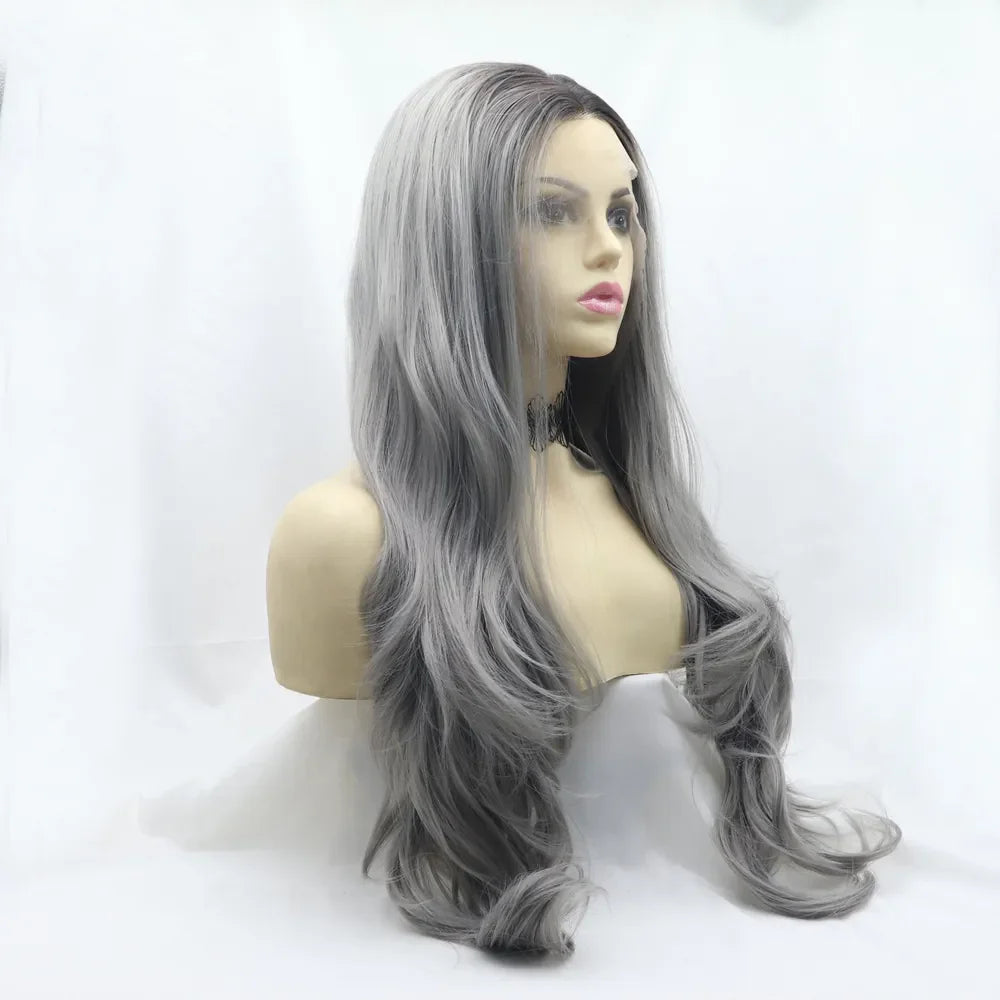 Smokey ombre lace front wig in grey with long, wavy layers.