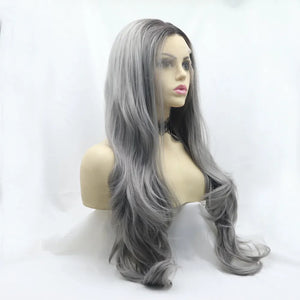 Smokey ombre lace front wig in grey with long, wavy layers.