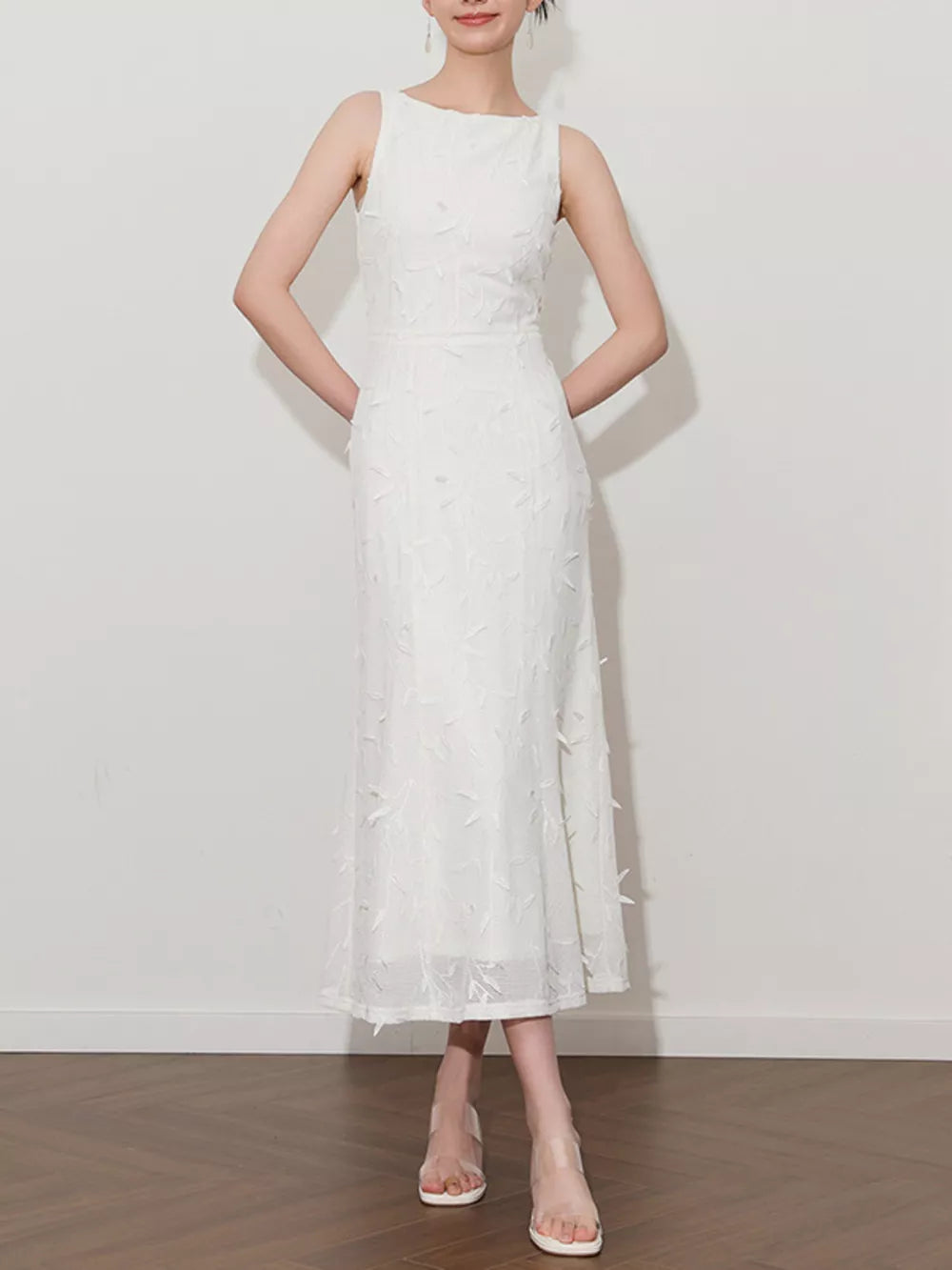 White floral applique midi dress with boat neck and a-line cut.