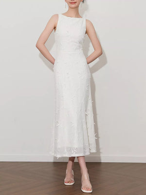 White floral applique midi dress with boat neck and a-line cut.